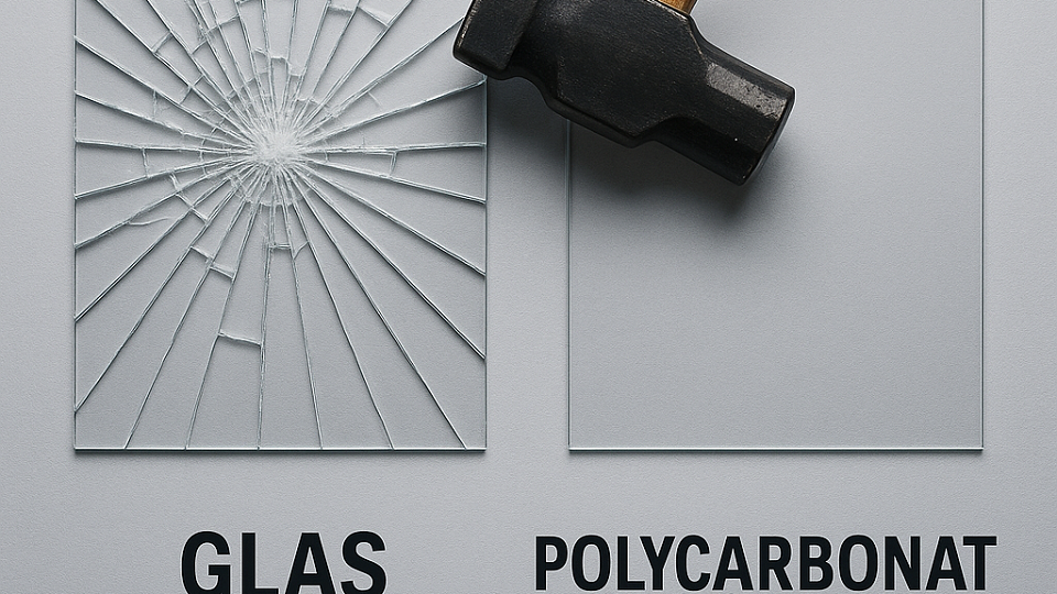Vergleich zwischen Glas und Polycarbonat mit einem Hammerschlag auf die Scheiben