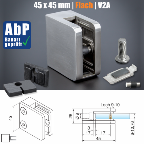 Glashalter V2A ekig 45x45 mm flach technische Daten