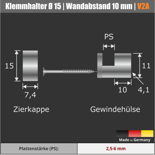 Spiegelhalter Ø 15 mm aus Edelstahl WA:10 mm technische Daten 1